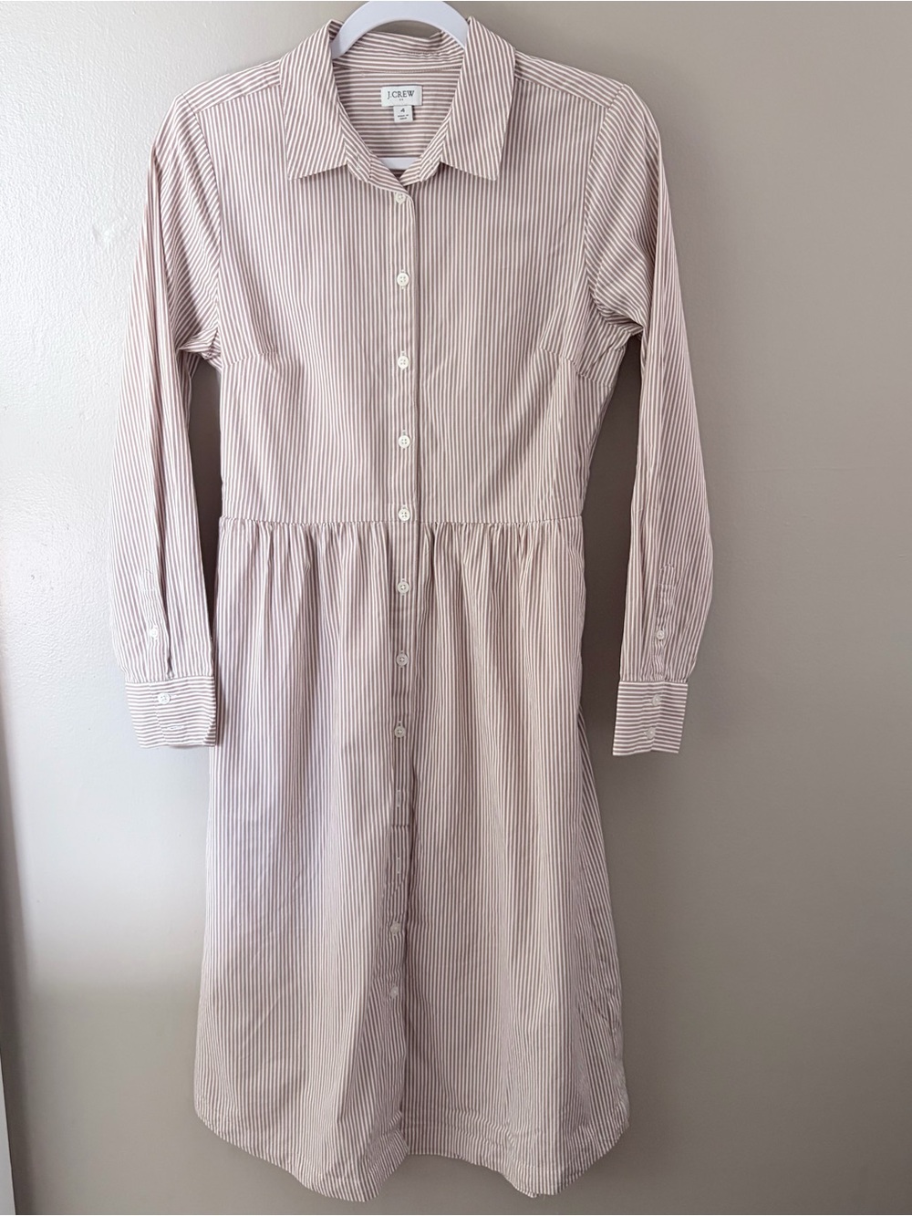 J.Crew Striped Shirtdress Size 4 Beige White Cotton Long Sleeve Midi